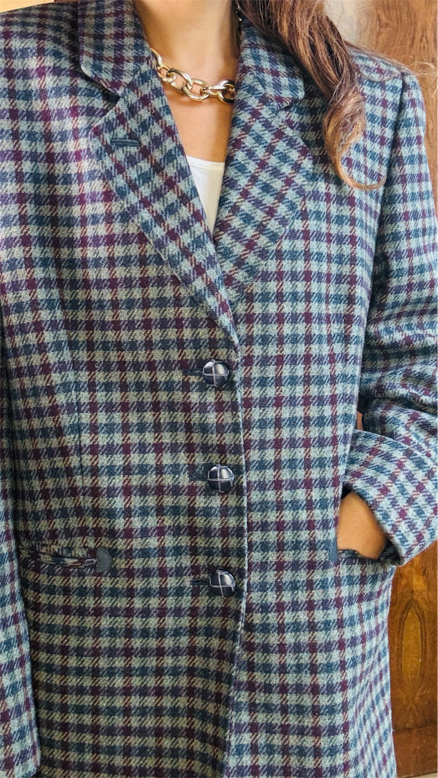 Veste carreaux bleu gris  laine   T40