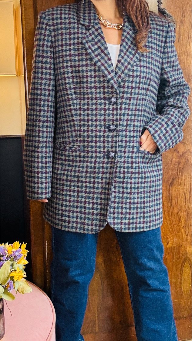 Veste carreaux bleu gris  laine   T40